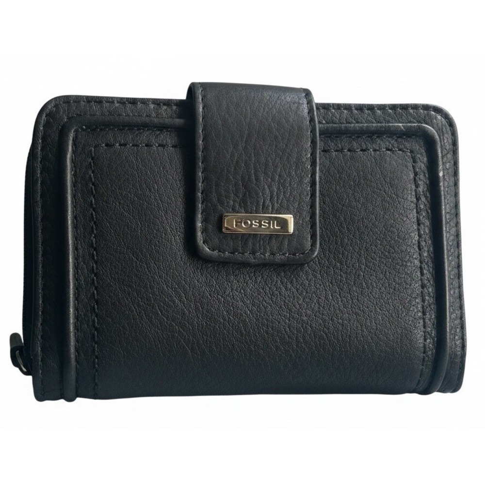 Fossil Black Genuine Leather Zip Around Bifold Wallet ID Card Holder Excellent